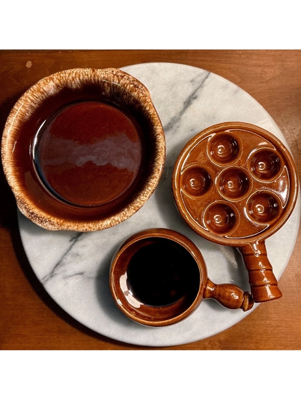 Vintage French Escargot Plate, French Soup Crock & Brown Drip Glaze Ceramic Dish